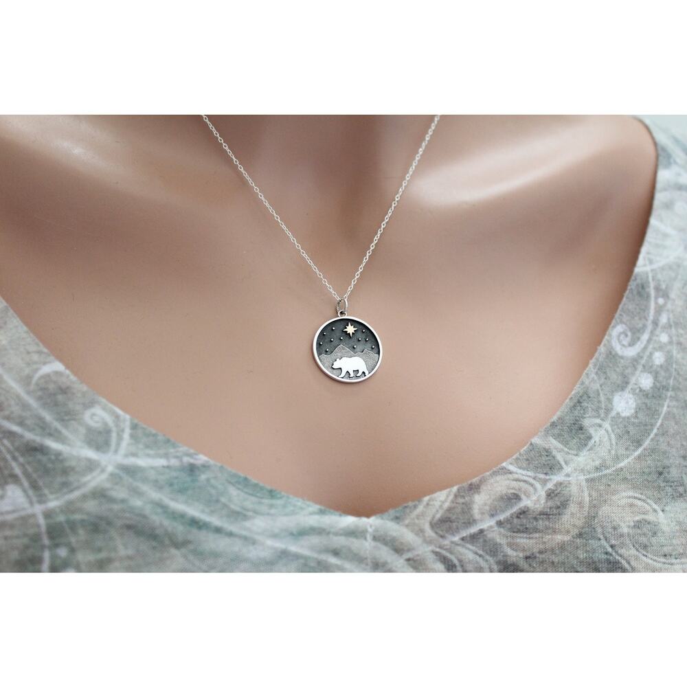 Sterling Silver Bear and Mountain Pendant with Bronze Star Necklace